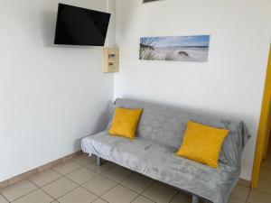 Rivière-Salée的住宿－Bas de Villa avec piscine - 15 min des plages，客房内的灰色沙发,配有两个黄色枕头