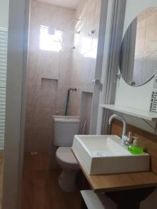 a bathroom with a toilet and a sink and a mirror at Hostel Sancris in São José dos Campos