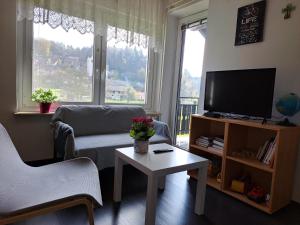 sala de estar con TV, sofá y mesa en Apartments Bukor, en Lukovica pri Domžalah