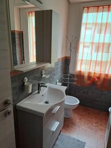 a bathroom with a sink and a toilet and a mirror at Appartamento Torre Pedrera Rimini in Rimini