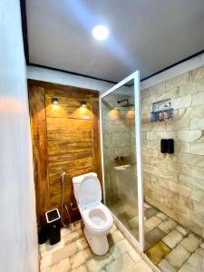 ein Bad mit einem WC und einer Dusche in der Unterkunft Cabin Linggayoni dieng in Diyeng