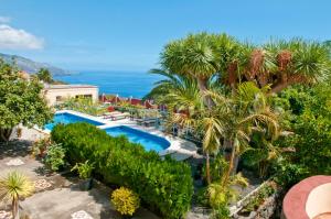 uma vista aérea de uma piscina com palmeiras e do oceano em Villa Asunción A em Breña Baja