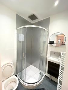 a bathroom with a shower with a toilet and a sink at Central penthouse by HNFC Stays in Newcastle upon Tyne