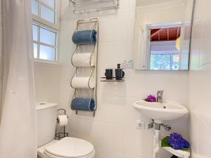 een witte badkamer met een toilet en een wastafel bij Casa da Ribeira Cottage in Ribeira Grande