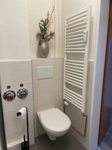 ein kleines Bad mit WC und Pflanze in der Unterkunft Moderne gemütliche Wohnung in Glinde in Glinde