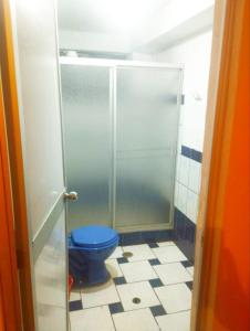 a bathroom with a blue toilet in a stall at Cruz Apartments - Centro Histórico de Cusco in Cusco