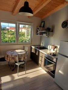 a kitchen with a table and a table and a table and a refrigerator at Studio apartment in Trpanj with terrace, air conditioning, WiFi, washing machine 4199-5 in Trpanj