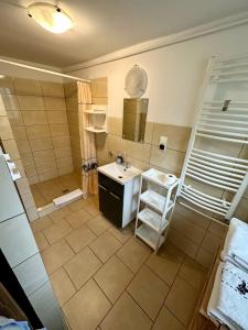 a bathroom with a sink and a shower at Bogdanówka Karpacz - Twój Dom w Karkonoszach in Karpacz