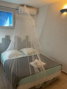 a bedroom with a bed with a mosquito net at RESIDENCE BLEU MARINE (Appartement Bleu Océan) in Le Gosier +23 photos