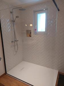 a shower in a bathroom with a window at Ferme des boudieres in Fresse-sur-Moselle