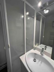 La salle de bains est pourvue d'un lavabo et d'une douche avec un miroir. dans l'établissement Le Balbec - Appartement Cosy, à Cabourg