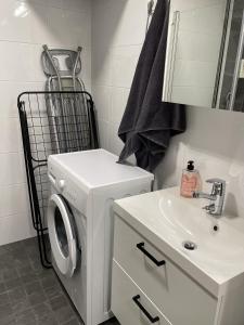 ein Badezimmer mit einer Waschmaschine neben einem Waschbecken in der Unterkunft Bright loft apartment with glazed balcony in Tampere