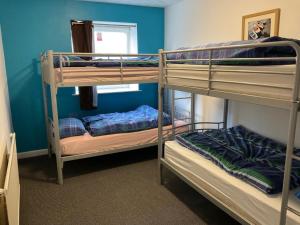 two bunk beds in a room with blue walls at Blue Room Hostel Newquay in Newquay