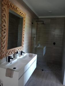 a bathroom with a sink and a mirror and a shower at 19, Ridge House in St Francis Bay