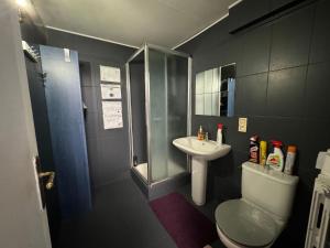 een badkamer met een wastafel, een toilet en een douche bij La demeure d'Iris in Bougival