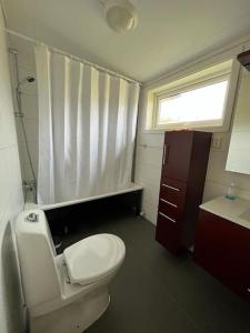 uma casa de banho com um WC, um lavatório e uma janela em Idyllic and peaceful Family Home em Tromsø