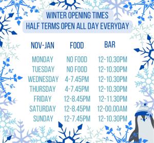 un calendario degli orari di apertura invernale, con mezze condizioni aperte tutto il giorno di The Fylingdales Inn a Whitby