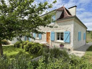 ein Steinhaus mit blauen Fensterläden und einem Hof in der Unterkunft Lassegues in Castetner