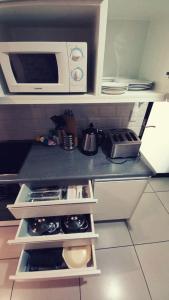 a kitchen with a counter top with a microwave at Wild Olive Inn 62 in Windhoek