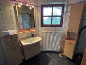 a bathroom with a sink and a mirror and a window at Ferienwohnung Ott in Weißenburg in Bayern