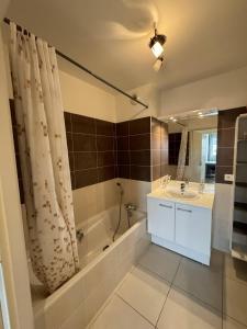 ein Badezimmer mit Badewanne, Waschbecken und Dusche in der Unterkunft Appartement de Romain in Annecy