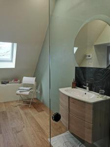 La salle de bains est pourvue d'un lavabo et d'un miroir. dans l'établissement Entre Mont St Michel et Merveille, à Vains