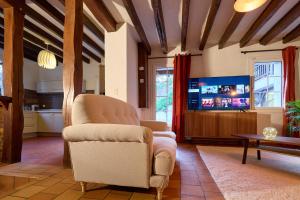 a living room with a chair and a tv at Maison de Standing - Proche Zoo et centre ville - Parking privé - Le Haut Bois in Saint-Aignan