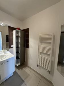 a bathroom with a sink and a shower in it at Appartement de Romain in Annecy