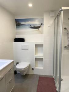 een witte badkamer met een toilet en een douche bij Le Mont-sur-lausanne: superbe studio ! in Le Mont-sur-Lausanne