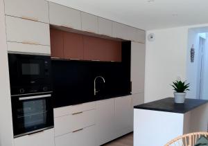 een keuken met witte kasten en een zwart apparaat bij Les Chaumines, St Cast le Guildo in Saint-Cast-le-Guildo