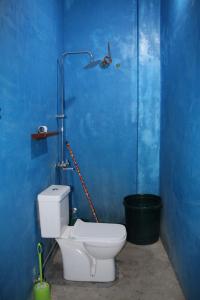 a blue bathroom with a toilet and a bucket at Mbuyuni Lodge Nungwi in Nungwi