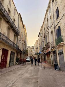 um grupo de pessoas andando por uma rua com edifícios em Grand studio de charme au cœur de Montpellier et Wifi em Montpellier