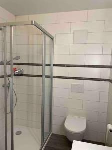 uma casa de banho com um WC e uma cabina de duche em vidro. em Proche Lausanne: Studio bien équipé em Prilly
