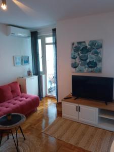 un soggiorno con divano rosso e TV a schermo piatto di Apartman Vesna 4 persons a Njivice