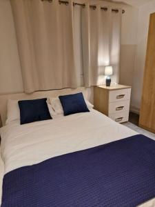 een bed met twee blauwe kussens in een slaapkamer bij Salford Quays Apartment, perfect location in Manchester