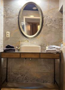 een badkamer met een wastafel en een spiegel bij Le Vieux Cèdre Grand Place in Bergen