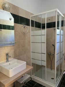 a bathroom with a sink and a shower at Muntenia Inn Apartments and Suites in Kalavrita