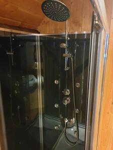 a shower with a glass door in a bathroom at Maison au sommet des montagnes in Boussenac