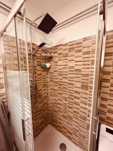 baño con ducha y puerta de cristal en King House & Garden with AC and FREE PARKING POSSIBILITY, en Budapest