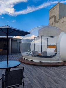 un lit dans un dôme de verre au-dessus d'un toit dans l'établissement Hotel Wanderlive, à Querétaro