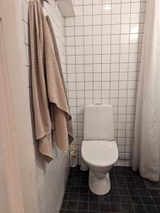 a bathroom with a toilet and towels on the wall at Stockholm Central City Apartment! in Stockholm