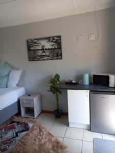 a room with a kitchen with a counter and a table at BnB Panorama in East London