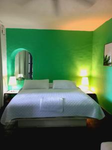 a green bedroom with a bed and two lamps at Il Piccolo Peccato in Cuernavaca