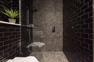 a black bathroom with a glass shower with a plant at The Notting Hill Apartments By Hok Living - Nh3 in London