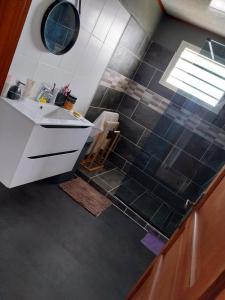 uma casa de banho com um lavatório e um espelho em Ti kaz anturium em La Possession