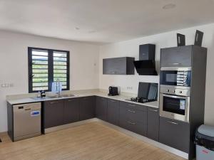 a large kitchen with gray cabinets and appliances at Villa Piton Textor in La Plaine des Palmistes