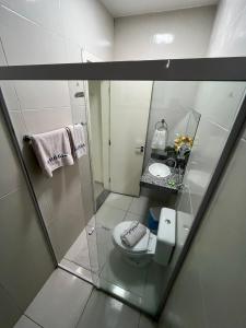 a small bathroom with a toilet and a sink at SD Plaza Hotel in Sobral