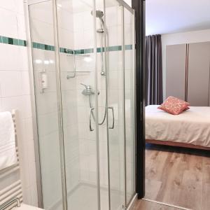 W łazience znajduje się prysznic ze szklanymi drzwiami. w obiekcie Casaalbergo La Rocca w mieście Noale