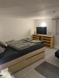 um quarto com uma cama e uma televisão de ecrã plano em L&L A66 Ferienwohnung em Gründau
