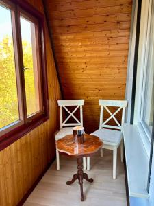 Habitación pequeña con 2 sillas y mesa en una cabaña en Ferienhaus Veronika Odenwald, en Brensbach
